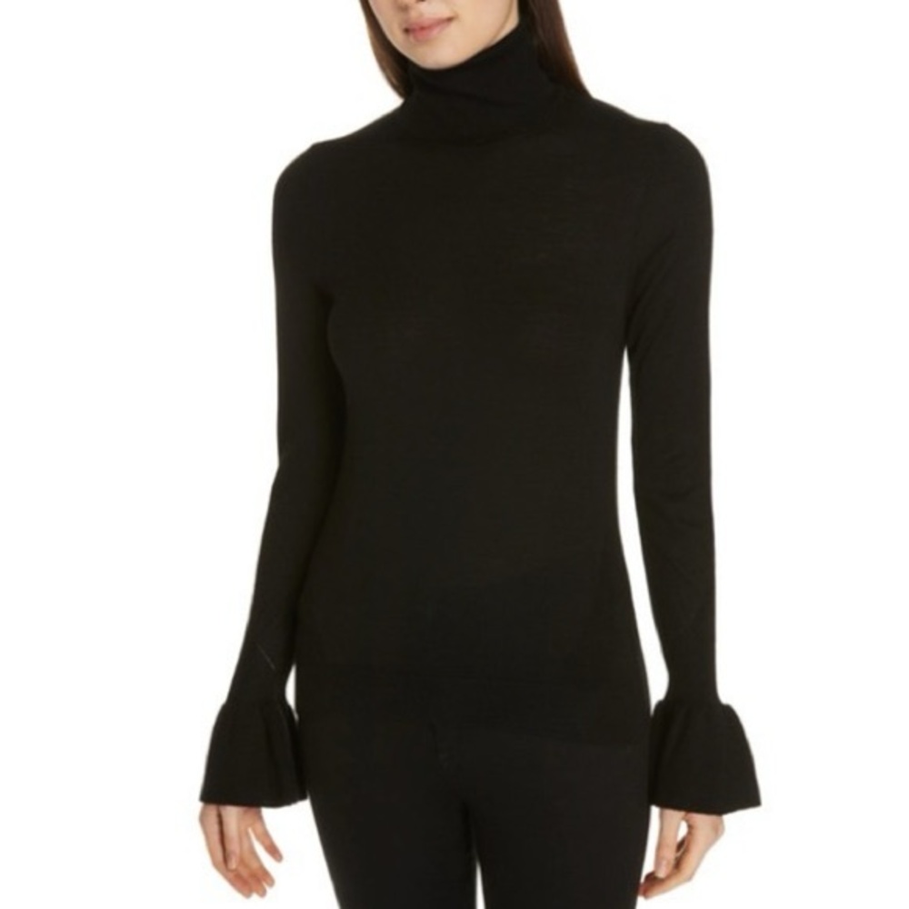 Co Essentials Women's Black Wool Bell-Sleeve Mock-Neck‎ Sweater Top Sz S